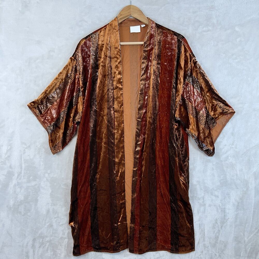 Ett:Twa by Anthropologie Long Velvet Kimono Cardigan M/L Petite Metallic Rust